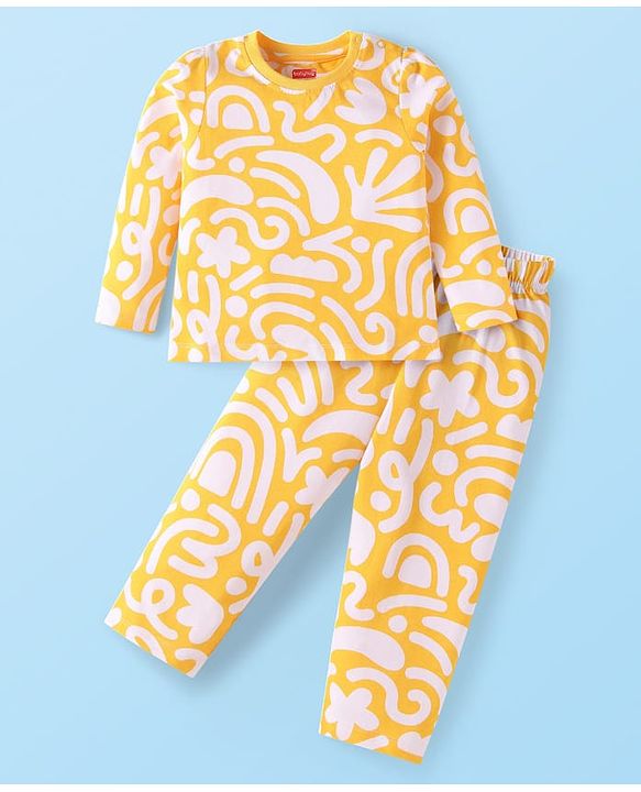 Babyhug Cotton Knit Full Sleeves Printed Night Suit - Yellow