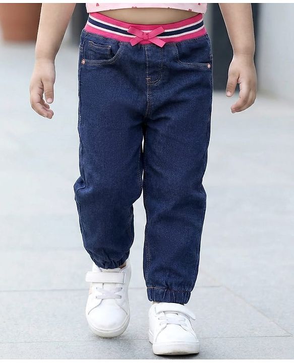 Babyhug Denim Full length washed Jogger with stretch - Dark Blue