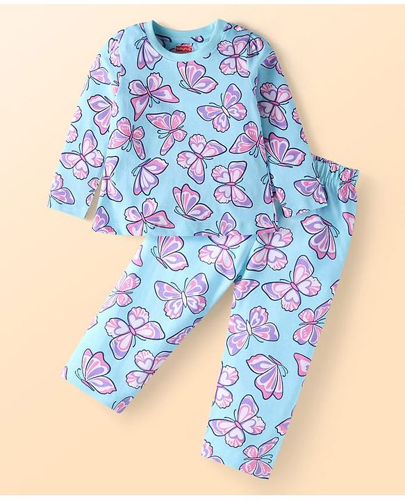 Babyhug Cotton Knit Full Sleeves Butterfly Printed Night Suit - Light Blue