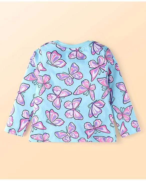 Babyhug Cotton Knit Full Sleeves Butterfly Printed Night Suit - Light Blue