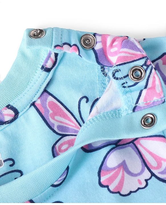 Babyhug Cotton Knit Full Sleeves Butterfly Printed Night Suit - Light Blue