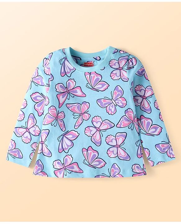 Babyhug Cotton Knit Full Sleeves Butterfly Printed Night Suit - Light Blue