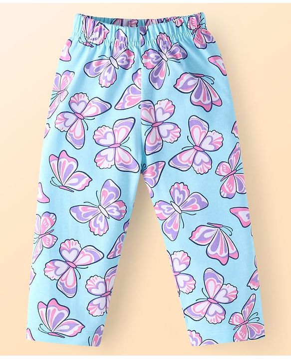 Babyhug Cotton Knit Full Sleeves Butterfly Printed Night Suit - Light Blue