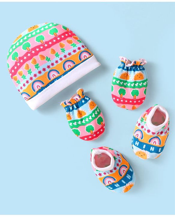 Babyhug Interlock Knit Printed Cap Mittens & Booties - Multicolor