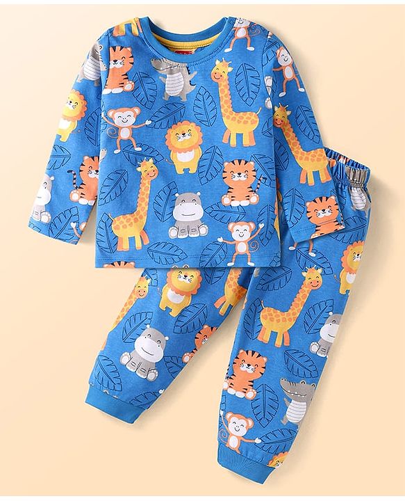 Babyhug Cotton Knit Full Sleeves Night Suit Set with Animal Print - Blue