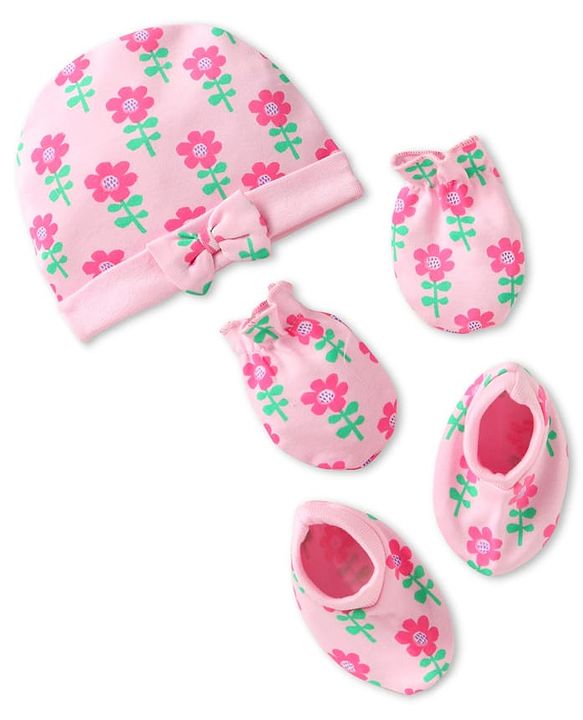 Babyhug 100% Cotton Knit Cap Mittens & Booties Set with Bow Applique & Floral Print Pink - Diameter 10 cm