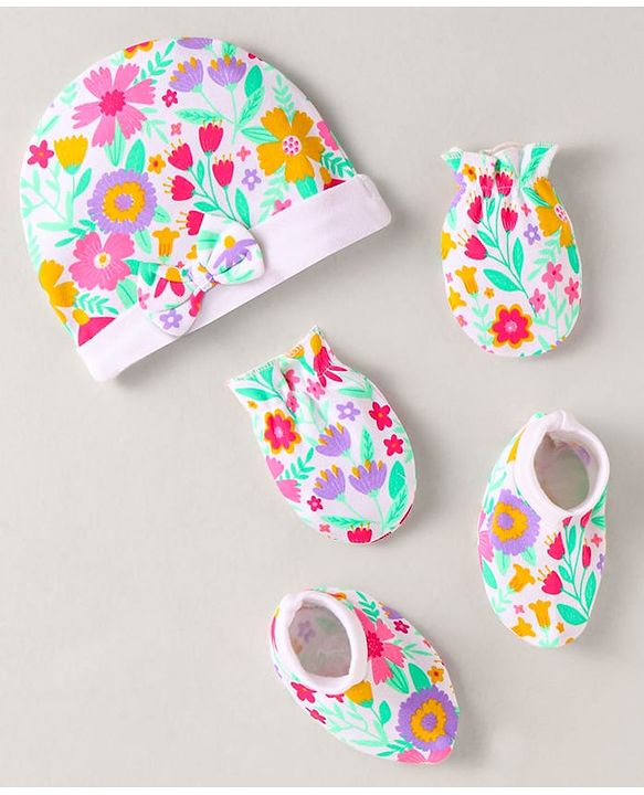 Babyhug Interlock Knit Floral Print Cap Mittens &  Booties - White Purple Pink