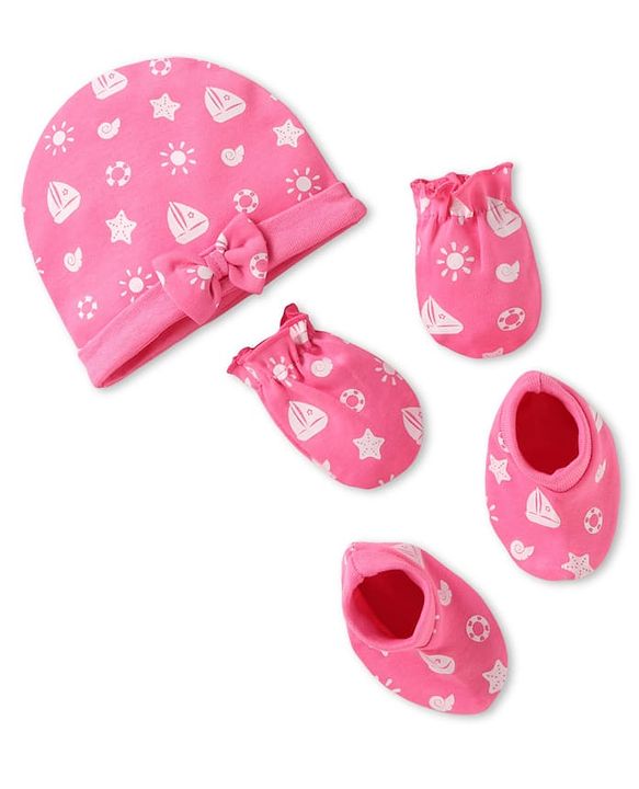 Babyhug 100% Cotton Knit Cap Mittens & Booties Set with Bow Applique & Nautical Theme Print Pink - Diameter 10 cm