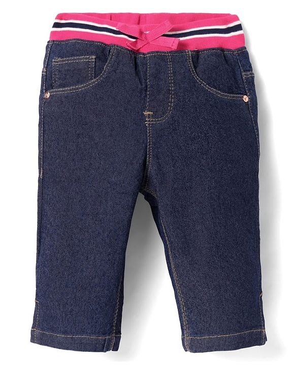Babyhug Cotton Denim Washed Capri Ribbed Waist - Navy Blue