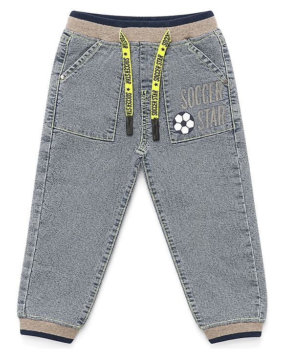 Babyhug Cotton Mix Full Length Denim Washed Joggers With Stretch in Grey