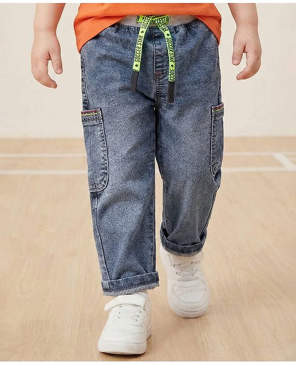 Babyhug Denim Full Length Washed Jeans With Stretch & Cargo Pockets - Blue