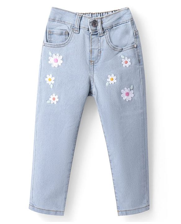 Babyhug Denim Full Length Washed Jeans With Stretch & Floral Embroidery - Light Blue