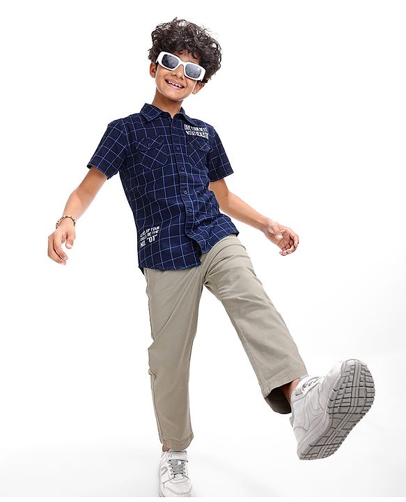 Pine Kids Denim Washed Woven Half Sleeves Check Shirt with Text Print - Navy Blue