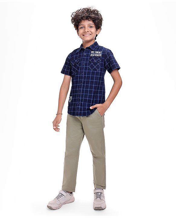 Pine Kids Denim Washed Woven Half Sleeves Check Shirt with Text Print - Navy Blue