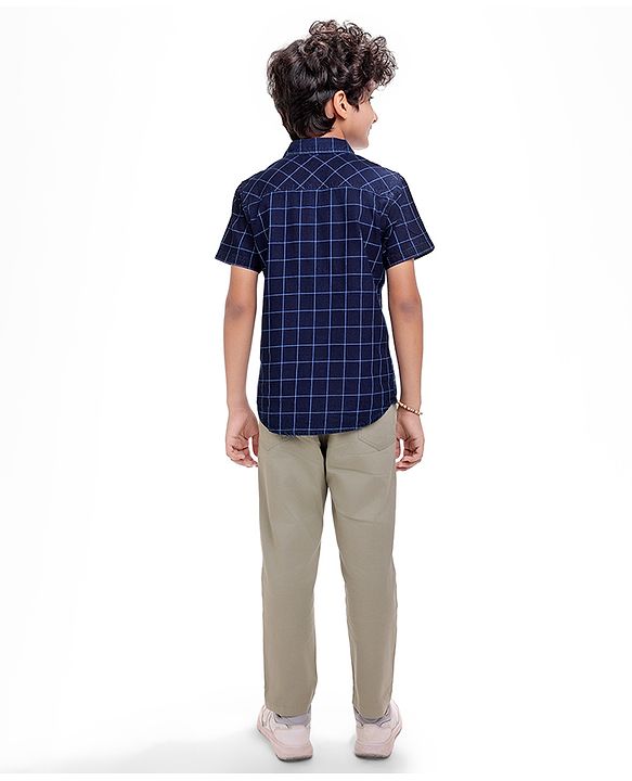 Pine Kids Denim Washed Woven Half Sleeves Check Shirt with Text Print - Navy Blue