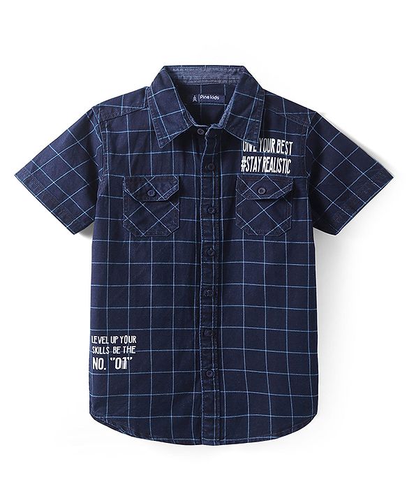 Pine Kids Denim Washed Woven Half Sleeves Check Shirt with Text Print - Navy Blue