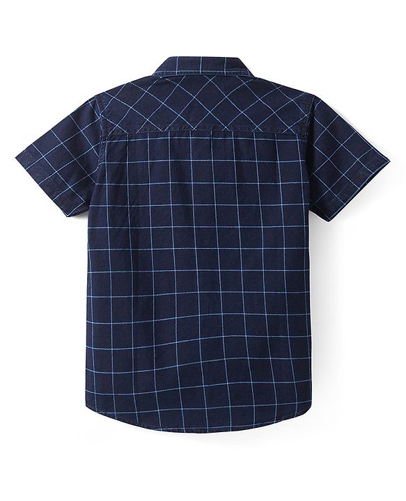 Pine Kids Denim Washed Woven Half Sleeves Check Shirt with Text Print - Navy Blue
