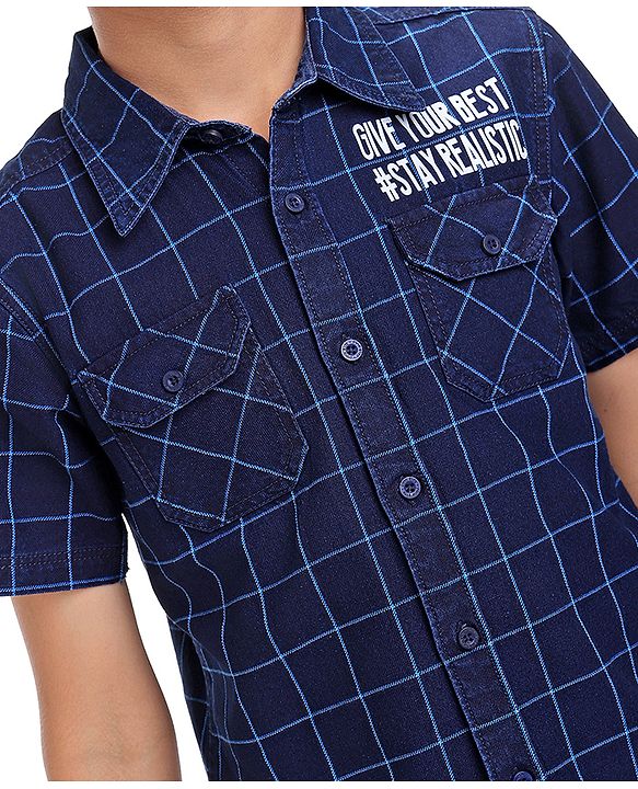 Pine Kids Denim Washed Woven Half Sleeves Check Shirt with Text Print - Navy Blue