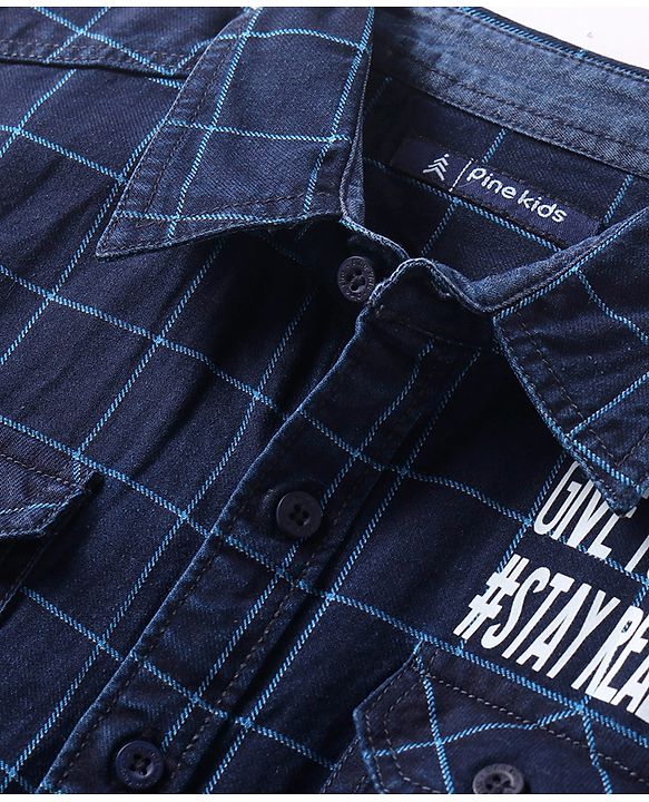 Pine Kids Denim Washed Woven Half Sleeves Check Shirt with Text Print - Navy Blue