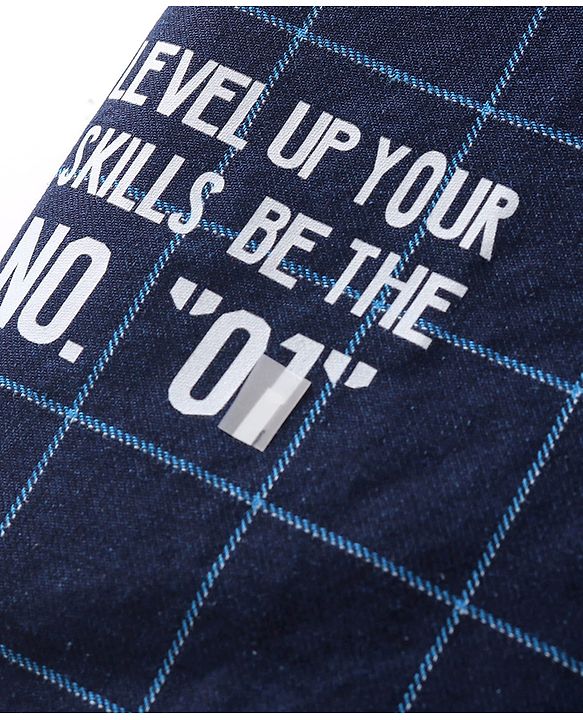 Pine Kids Denim Washed Woven Half Sleeves Check Shirt with Text Print - Navy Blue