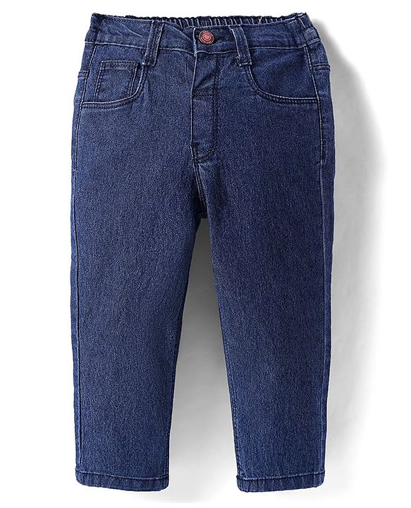 Babyhug Full Length Solid Washed Denim Jeans With Stretch - Navy Blue