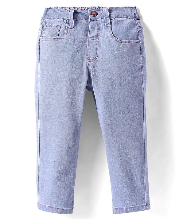 Babyhug Full Length Solid Washed Denim Jeans With Stretch - Light Blue