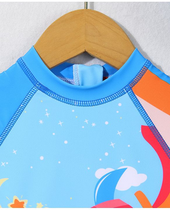 Babyhug Half Sleeves Legged Swimsuit with Cap Rocket Print - Light Blue