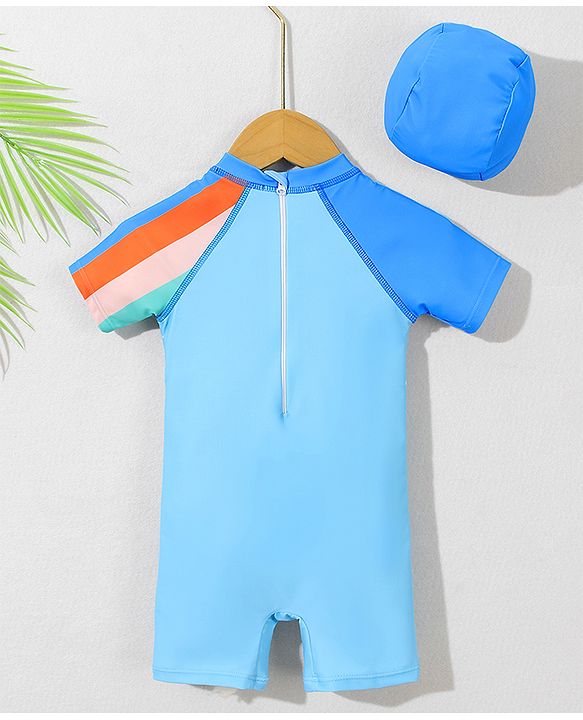 Babyhug Half Sleeves Legged Swimsuit with Cap Rocket Print - Light Blue