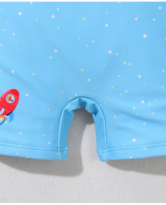 Babyhug Half Sleeves Legged Swimsuit with Cap Rocket Print - Light Blue