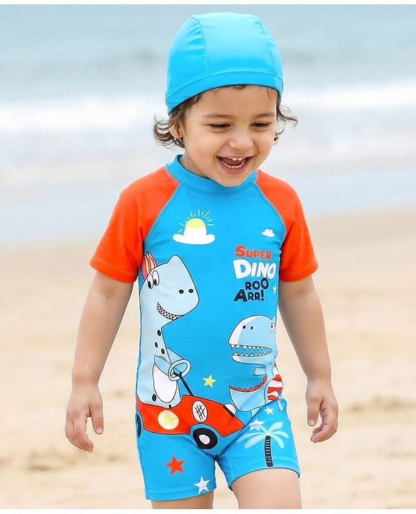 Babyhug Half Sleeves Legged Swimsuit with Cap Dino Print - Blue