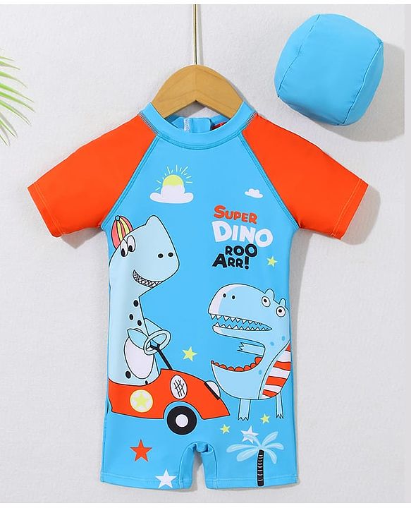Babyhug Half Sleeves Legged Swimsuit with Cap Dino Print - Blue
