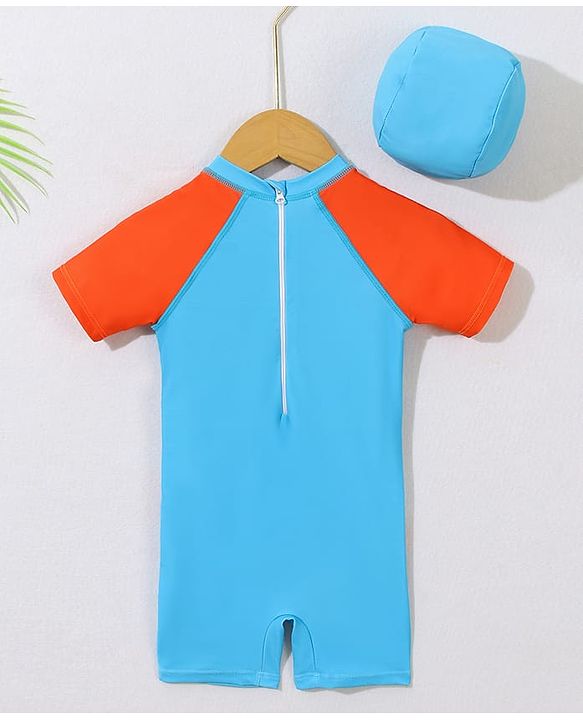 Babyhug Half Sleeves Legged Swimsuit with Cap Dino Print - Blue