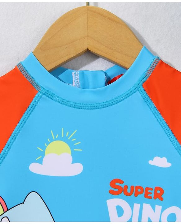 Babyhug Half Sleeves Legged Swimsuit with Cap Dino Print - Blue