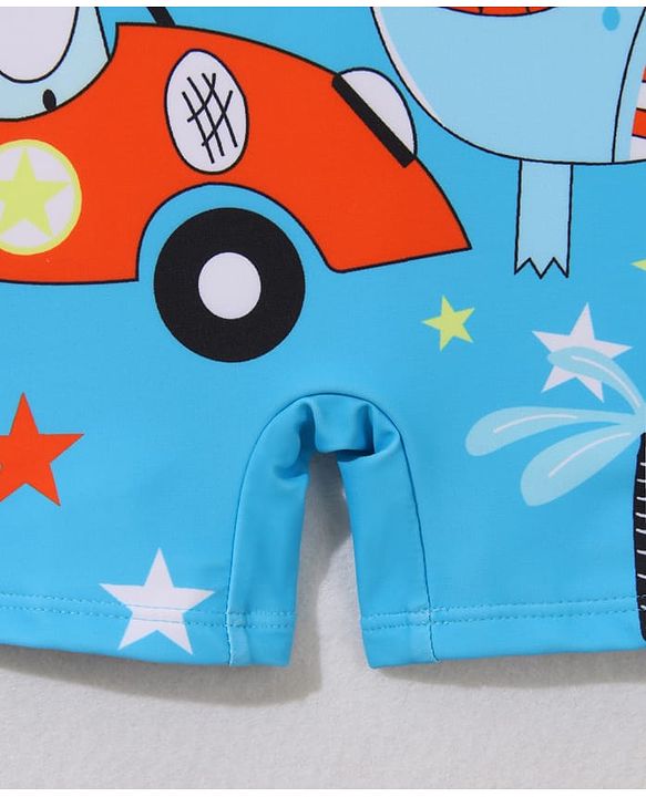 Babyhug Half Sleeves Legged Swimsuit with Cap Dino Print - Blue