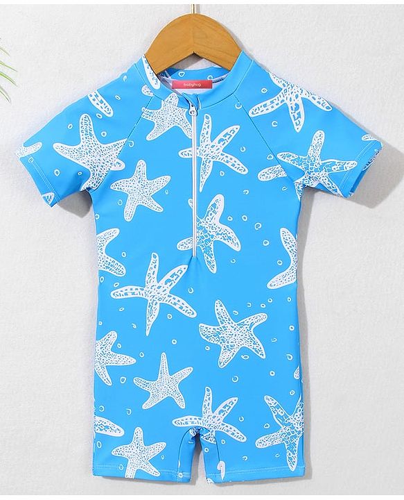 Babyhug Half Sleeves Legged Swimsuit with  Star Print - Blue
