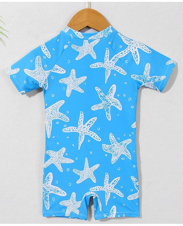 Babyhug Half Sleeves Legged Swimsuit with  Star Print - Blue