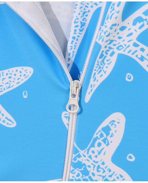 Babyhug Half Sleeves Legged Swimsuit with  Star Print - Blue