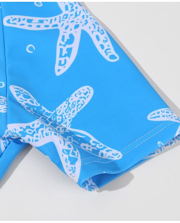 Babyhug Half Sleeves Legged Swimsuit with  Star Print - Blue