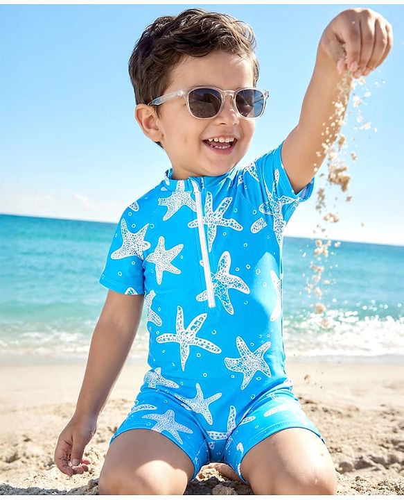 Babyhug Half Sleeves Legged Swimsuit with  Star Print - Blue