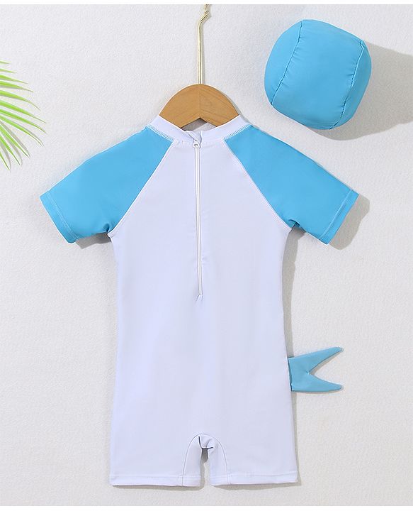 Babyhug Half Sleeves Legged Swimsuit with Cap  Dolphin Print - Blue