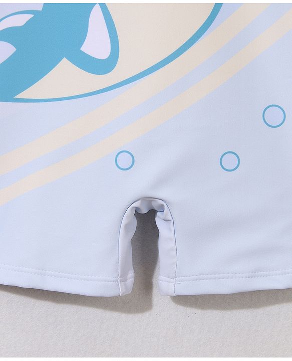 Babyhug Half Sleeves Legged Swimsuit with Cap  Dolphin Print - Blue