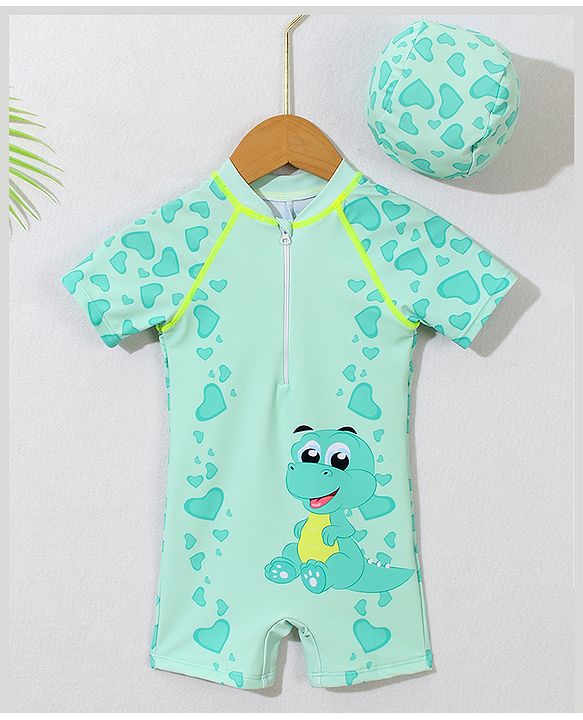 Babyhug Half Sleeves Legged Swimsuit with Cap Dino Print - Green