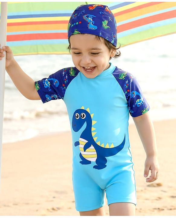 Babyhug Half Sleeves Legged Swimsuit with Cap Dino Print - Blue