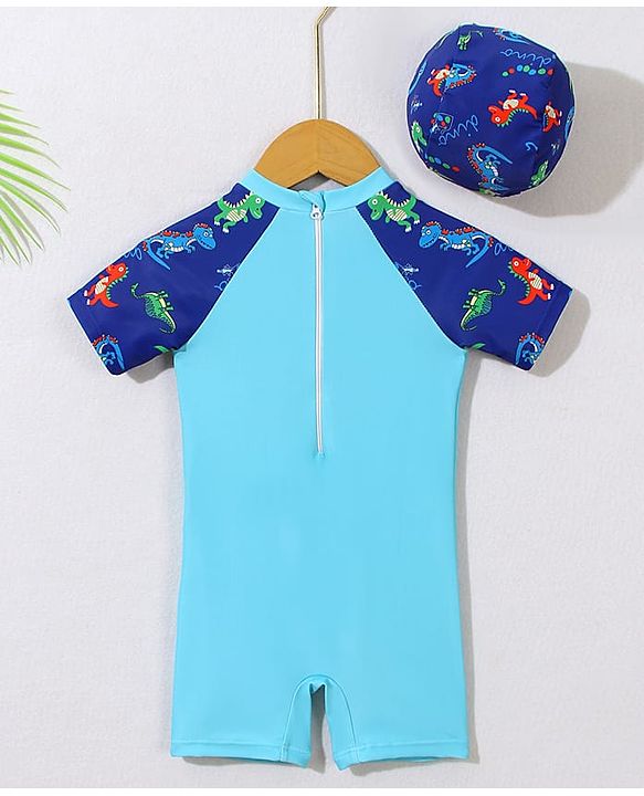 Babyhug Half Sleeves Legged Swimsuit with Cap Dino Print - Blue