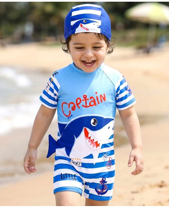 Babyhug Half Sleeves Legged Swimsuit with Cap Shark Print - Blue