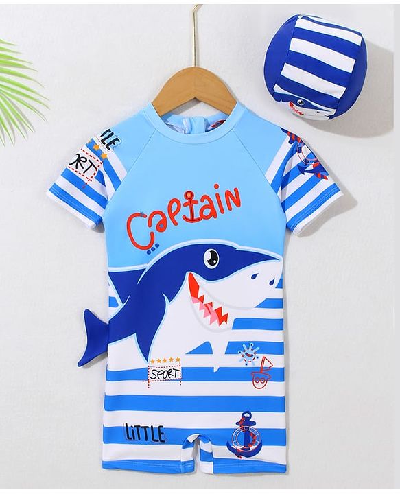 Babyhug Half Sleeves Legged Swimsuit with Cap Shark Print - Blue