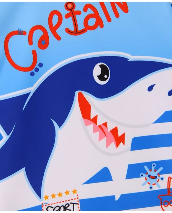 Babyhug Half Sleeves Legged Swimsuit with Cap Shark Print - Blue