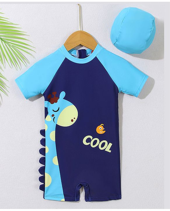 Babyhug Half Sleeves Legged Swimsuit with Cap Giraffe Print - Navy Blue