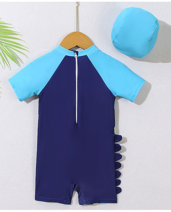 Babyhug Half Sleeves Legged Swimsuit with Cap Giraffe Print - Navy Blue
