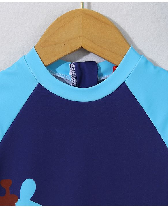 Babyhug Half Sleeves Legged Swimsuit with Cap Giraffe Print - Navy Blue